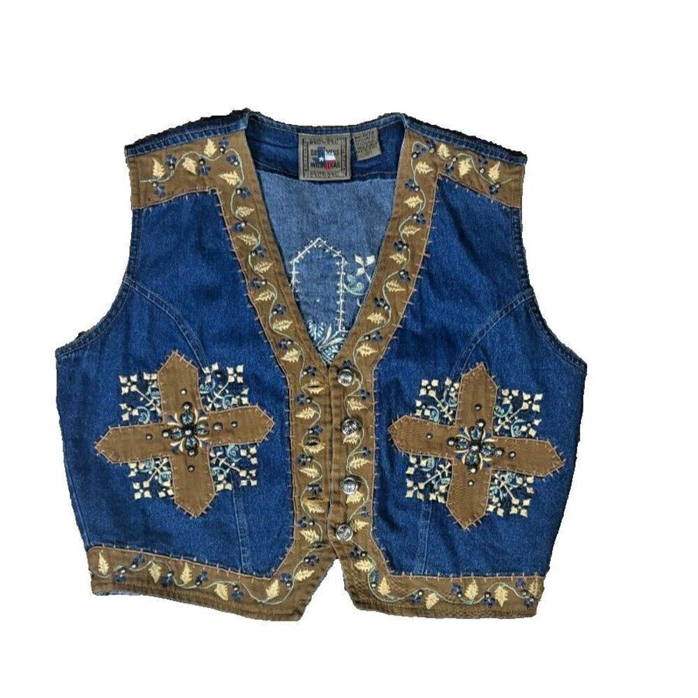 Studded Western Sleeveless Cropped Vest Size Medium Cross Blue Boho Festival - Picture 12 of 13